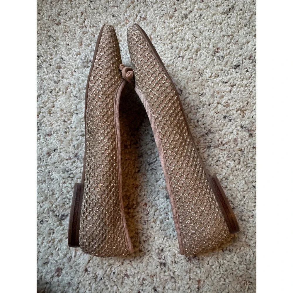 Vince Camuto Womens Glitter Mesh Square Toe Ballet Flats Rose Gold Bow Size 6.5M